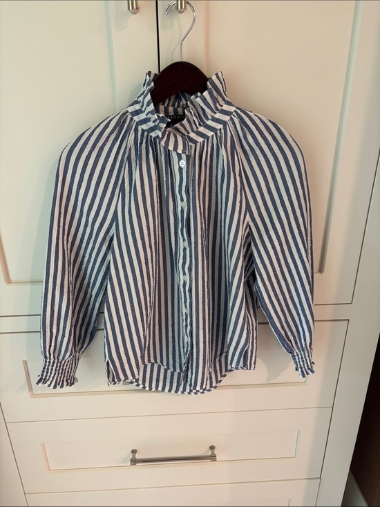 Veronica Beard Tops - Veronica Beard Blue and White Striped Ruffle Neck Button-Front Blouse